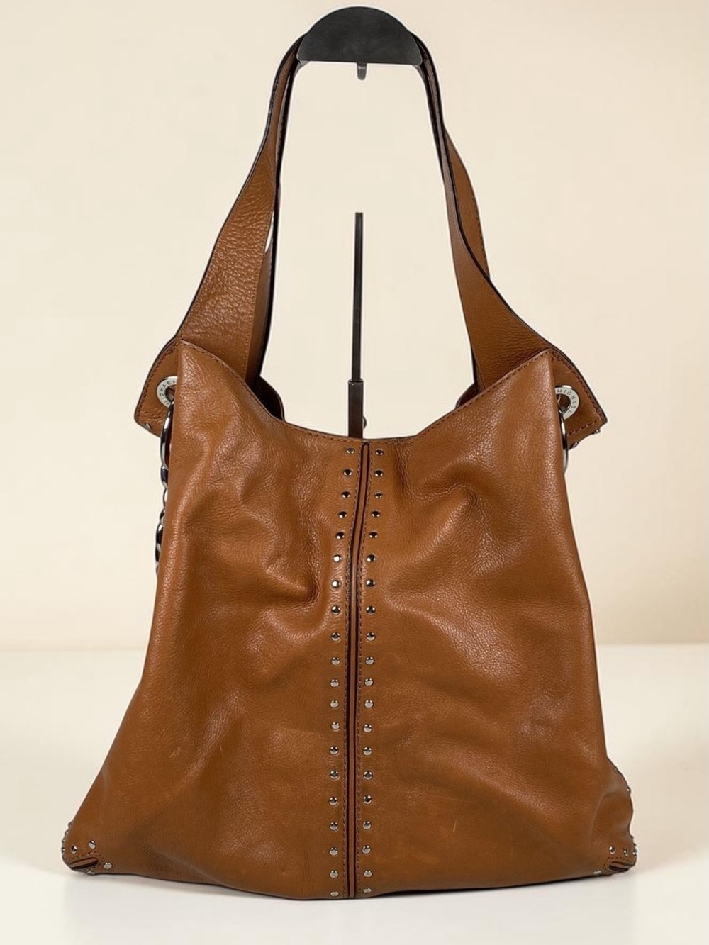 Michael Kors Brown Leather Studded Hobo Shoulder Bag MK Charm - Picture 2 of 9